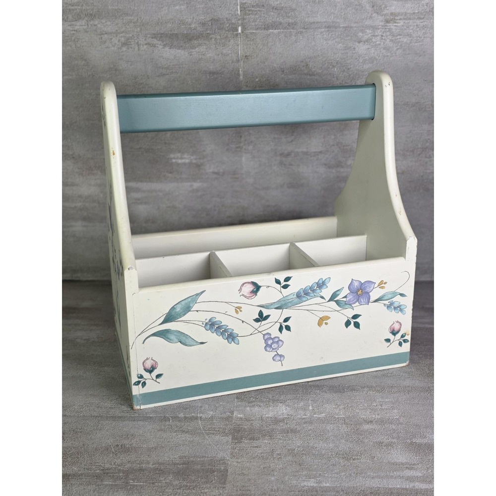 Cottagecore Pfaltzgraff Summer Breeze Hand Painted Wood Flatware Utensil Caddy